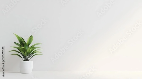 Fototapeta Tranquil office scene showcasing a light desk, a small plant, and an inviting atmosphere, designed for focused productivity.