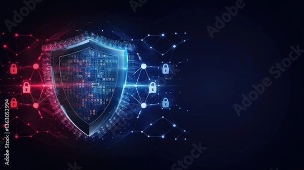 Fototapeta Digital Shield: A glowing, digitally rendered shield, symbolizing protection, security, and data defense against a dark backdrop, reflecting a modern technological landscape.