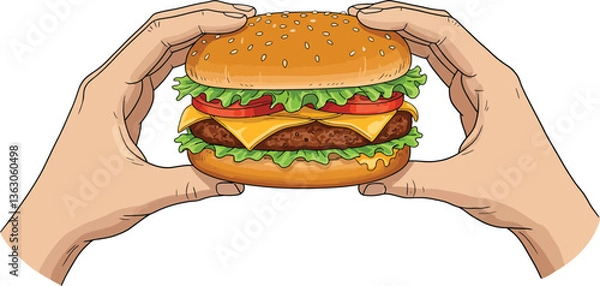 Fototapeta Illustration of Hands Holding A Cheeseburger, Isolated on White Background