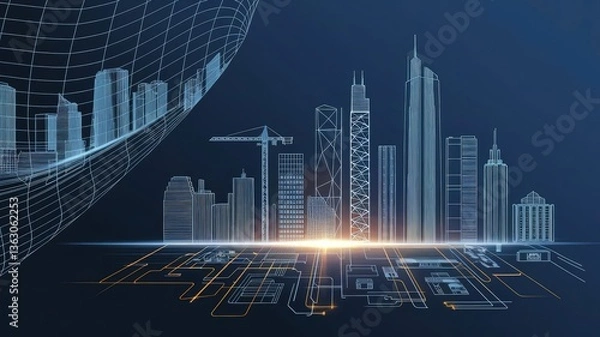 Fototapeta Digital Skyline: A futuristic digital rendering of a cityscape, showcasing architectural marvels against a backdrop of technological innovation.