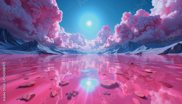 Fototapeta A surreal landscape featuring a pinktinted lake surrounded by mountains under a bright blue sky filled with fluffy pink clouds and a glowing sun