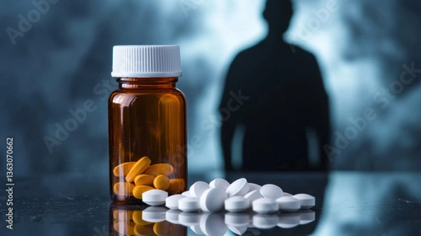 Fototapeta bottle of prescription medication with yellow and white pills reflective surface, casting shadow of person, evokes sense