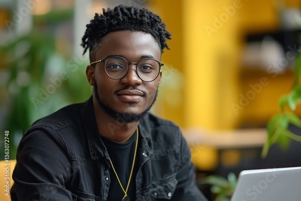 Obraz a portrait of a young man with glasses sitting and working. The man has a calm expression and is looking directly at the viewer, a natural, authentic moment captured