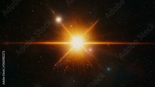 Fototapeta Ultra-realistic view of a bright, distant quasar with light beams radiating into space
