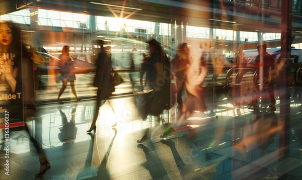 Fototapeta Ephemeral Journeys: Travelers in Motion Through Light and Transit