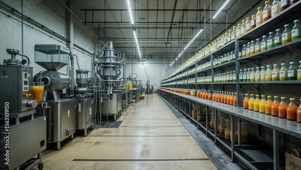 Fototapeta Juice bottling plant showing processing and bottling equipment