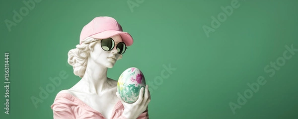 Obraz young woman statue wearing goggles, pink cap & spring dress, holding an abstract easter egg, isolated over emerald green background with copy space