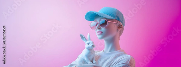 Obraz portrait of confident young chic model dressed as a marble statue; woman in cap and goggles holding a white bunny as easter season symbol; pink background; concept of women spring fashion, copy space