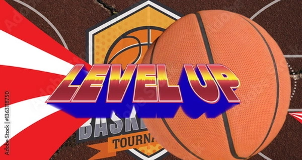 Obraz Image of words level up with red and white stripes and basketball over basketball court