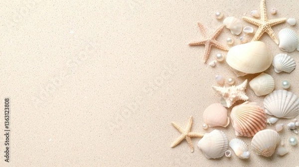 Fototapeta Light sandy beach with a collection of tiny starfish and pearlescent seashells, soft morning glow.