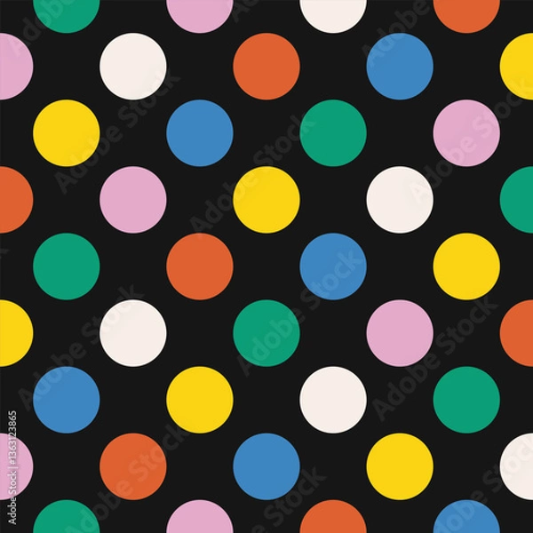 Fototapeta Colorful round polka dots on black background. Seamless geometric vector design with a modern retro look. High quality illustration for decor and print.