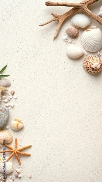 Fototapeta Minimalist seashell arrangement on smooth sand, vertical format with soft natural shadows. 