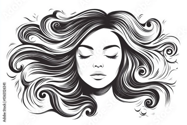 Fototapeta Portrait of a serene woman with flowing hair, showcasing intricate wave patterns in monochrome style