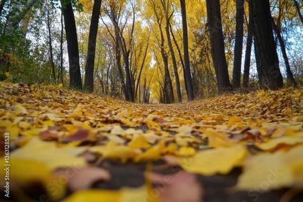 Fototapeta Autumn forest path with yellow fallen leaves	