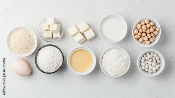 Fototapeta Assorted dairy and soy ingredients on white surface.