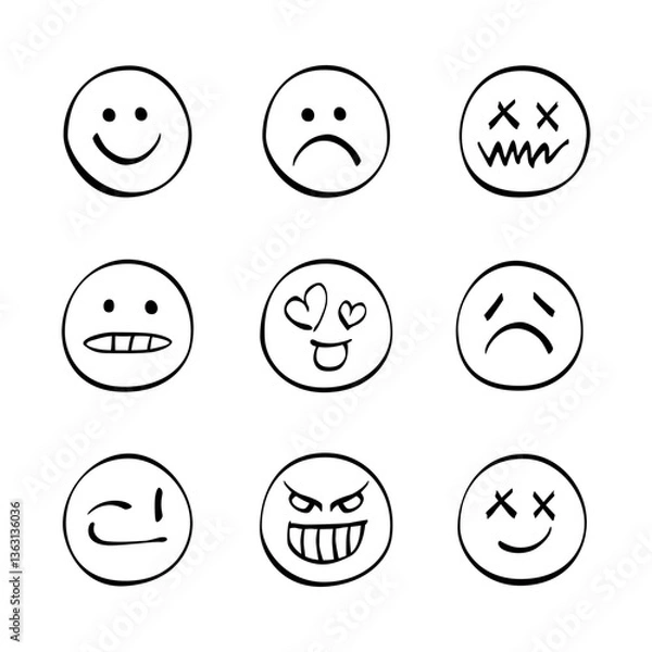 Fototapeta Collection of hand-drawn emoticons representing various emotions on a plain background