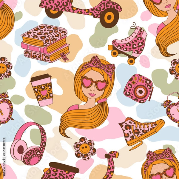 Fototapeta seamless pattern with girl, leopard moped 