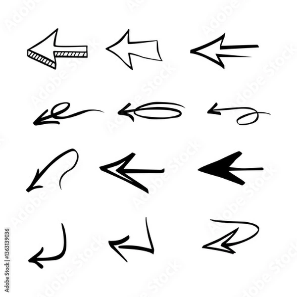 Fototapeta Various hand-drawn left arrows in different styles and designs suitable for creative projects, illustrations, or signage