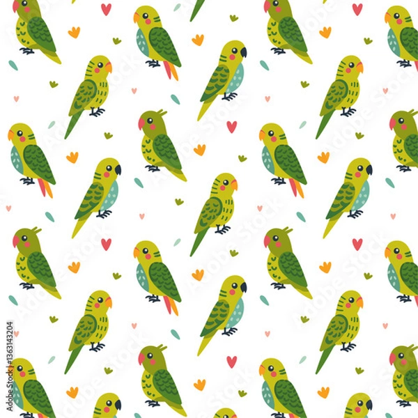 Fototapeta Children's seamless pattern with budgies of green color
