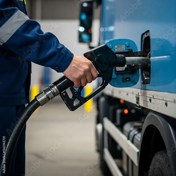 Fototapeta Close up of a colorful truck being refueled at a gas station. The fuel nozzle is inserted, focusing on the worker's hands, emphasizing logistics and transportation.