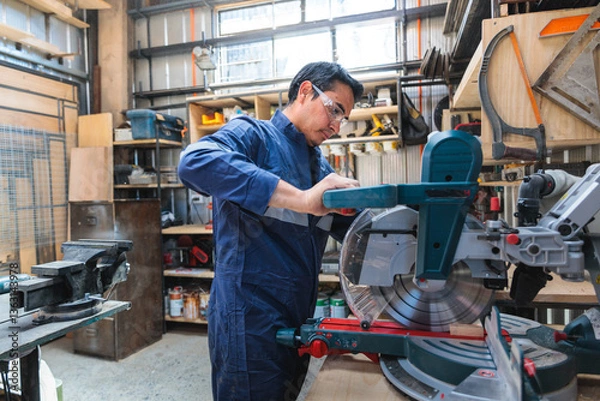 Fototapeta Woodworker operating an electric saw, cutting wooden planks with precision in his carpentry workshop