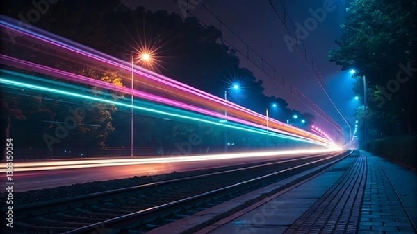 Fototapeta Night Train: Captivating Light Trails Across Railroad Tracks Under Evening Sky, Creating Striking Visual Depth and Mysterious Ambiance.
