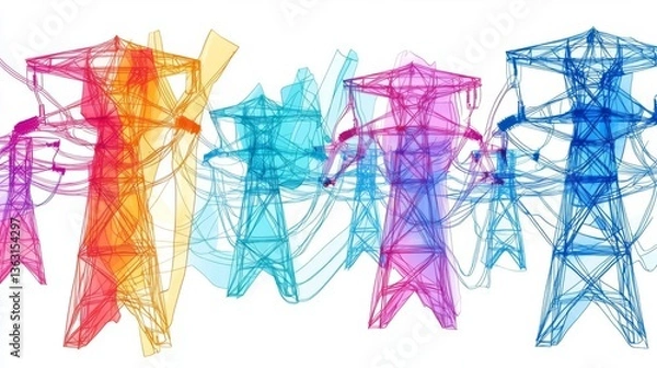 Fototapeta Colorful abstract representation of power lines and energy transmission in a digital style.