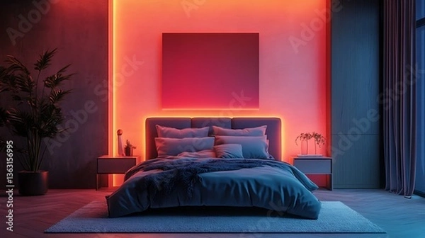 Fototapeta Modern bedroom with neon lights, and night. (2)