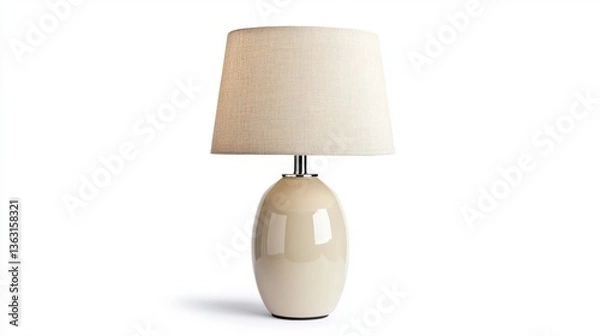 Fototapeta Beige ceramic table lamp with a textured off white shade, isolated on white background. Soft lighting, simple design