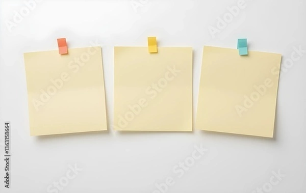 Fototapeta yellow note papers on white background, yellow note paper with clip, Three blank yellow sticky notes, blank yellow sticky notes for editing, 3 blank yellow sticky notes on transparent background