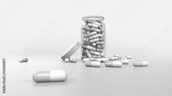Fototapeta 3D rendering of glass bottle with white and white pills inside and more pills spread in the floor.