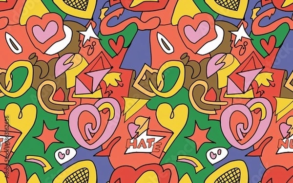 Fototapeta seamless Pattern doodle, Colorful abstract pattern with hearts and stars