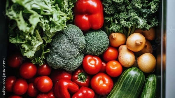 Fototapeta Fresh vegetables with broccoli tomatoes and peppers	