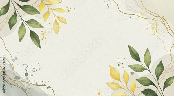 Fototapeta Watercolor Floral Background with Green and Yellow Leaves | Elegant Botanical Frame with Gold Accents | Artistic Nature-Inspired Template | Hand Vector background for banner, poster, Web, a packaging