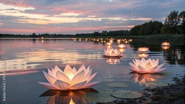 Fototapeta Serene lake at sunset, glowing lotus flower lanterns floating on water