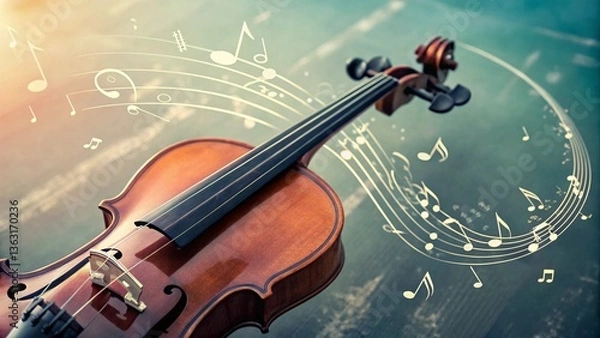 Fototapeta Violin, musical notes, ethereal background, teal and orange color scheme, floating music symbols