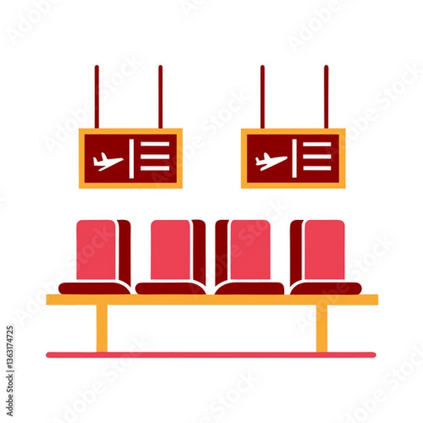 Fototapeta Empty airport waiting area with chairs and airplane signs in flat style, AI Generation