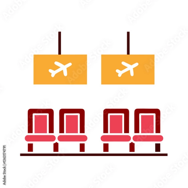 Fototapeta Empty airport waiting area with chairs and airplane signs in flat style, AI Generation