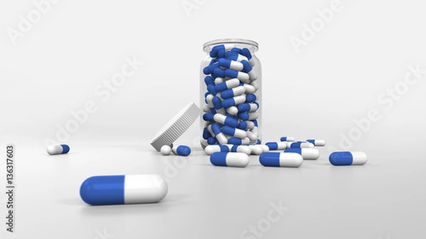 Fototapeta 3D rendering of glass bottle with white and blue pills inside and more pills spread in the floor.