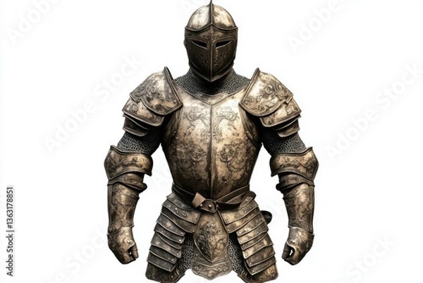 Fototapeta Full Metal Knight Armor on White Background Medieval Costume Design