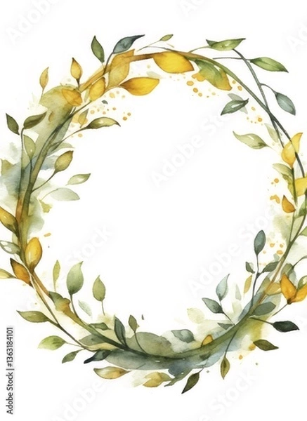 Obraz Watercolor Wreath with Green and Yellow Leaves
