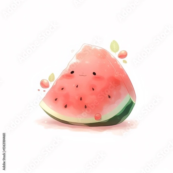 Obraz Cute Smiling Watermelon Illustration with Watercolor Texture