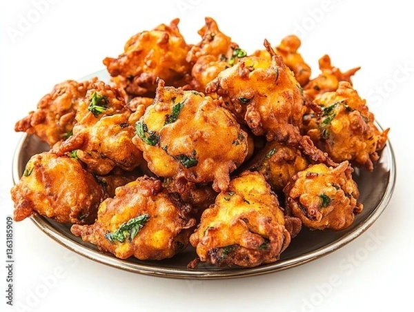 Fototapeta Serving of Crispy Fried Vegetable Pakora on Plate Indian Appetizer