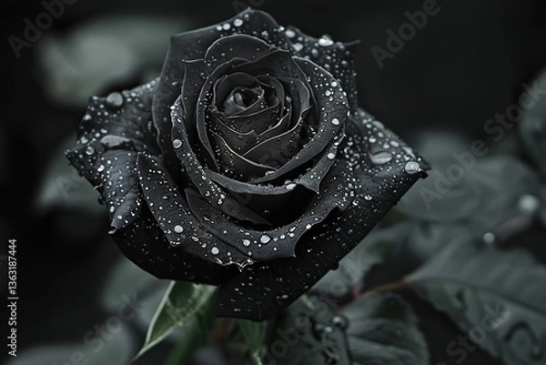 Obraz Close-up of a black rose adorned with dewdrops in a moody setting