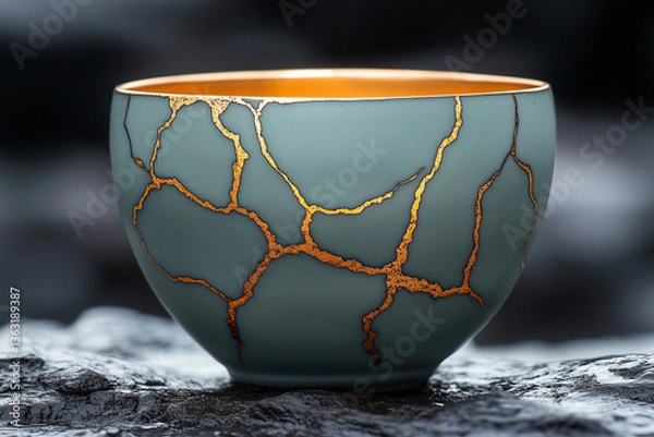 Fototapeta Kintsugi pottery cup without a handle, elegantly repaired with golden seams, isolated against a dark background.