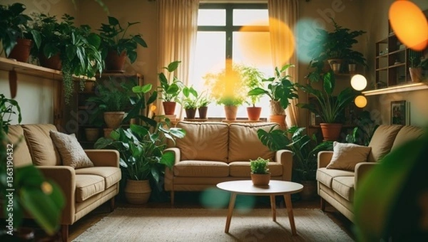Fototapeta Cozy living room filled with indoor plants creating a serene atmosphere during daylight hours