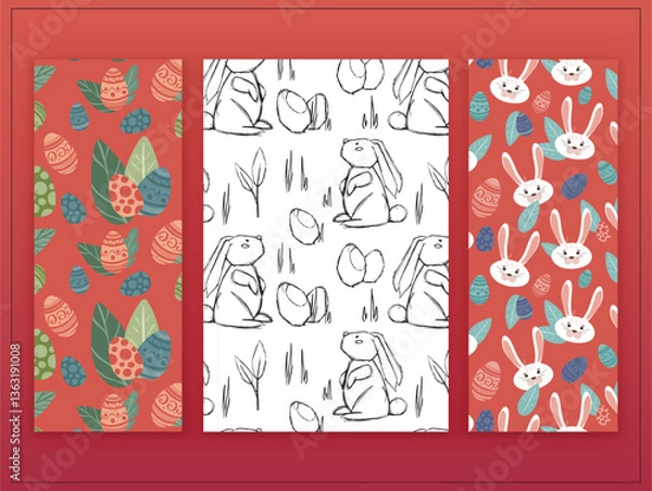 Obraz Vector Easter seamless patterns set. Many cute bunny icons, big decorated eggs. Cartoon graphic kids print. Funny holiday concept. Festive traditional elements. Art for packaging design, ads layout