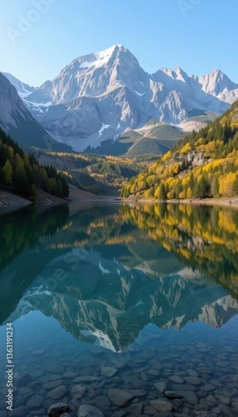 Fototapeta Serene lake reflecting mountains in autumn colors  