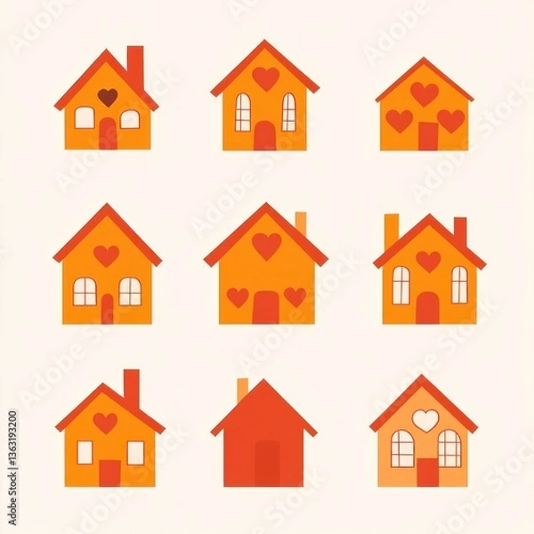 Fototapeta Nine houses with hearts on a light background, for crafts or greeting cards