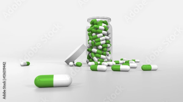 Fototapeta 3D rendering of glass bottle with white and green pills inside and more pills spread in the floor.